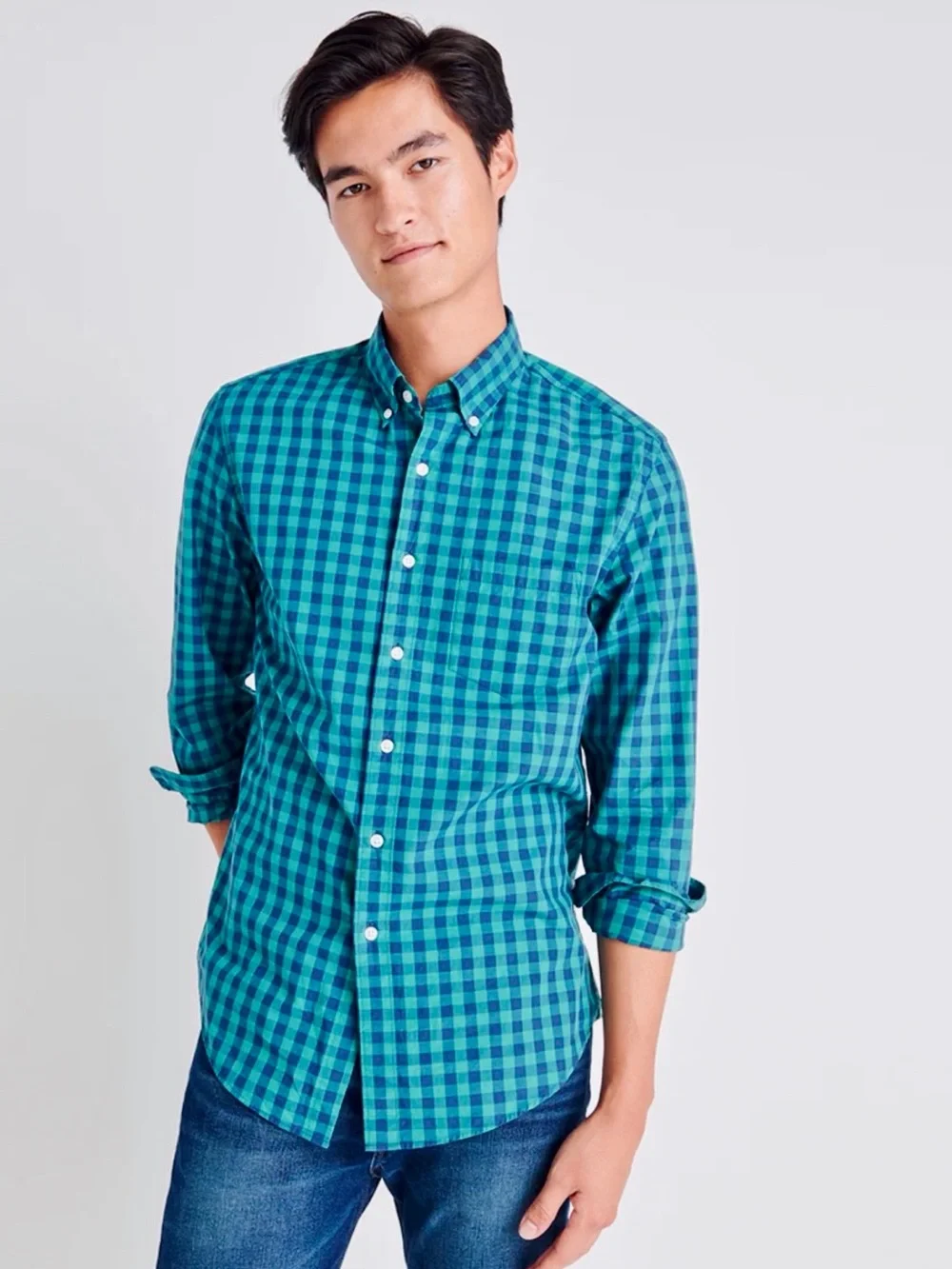 J.Crew Slim Fit Button Down Shirt Men's Medium Blue Green Check Oxford